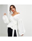 SHEIN biały urząd Lady elegancki rękaw kloszowy komża Peplum Off the Shoulder jednokolorowa bluza jesień Sexy kobiety popy i blu