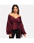 SHEIN biały urząd Lady elegancki rękaw kloszowy komża Peplum Off the Shoulder jednokolorowa bluza jesień Sexy kobiety popy i blu