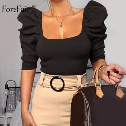 Forefair Vintage bufiaste rękawy damskie bluzka kwadratowy dekolt w stylu koreańskim topy elegancka seksowna biała czarna szczup