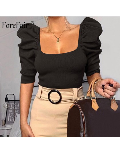 Forefair Vintage bufiaste rękawy damskie bluzka kwadratowy dekolt w stylu koreańskim topy elegancka seksowna biała czarna szczup