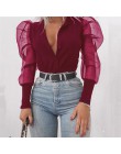 Moda nowy 2019 kobiet bluzki z kołnierzem w kształcie litery v Tulle wzburzyć długa koszula z bufkami stałe koszule damskie wszy