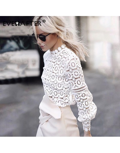 EVERAFTER elegancki biały koronkowy bluzka koszula rękaw damski poszerzany typu lantern sexy hollow out naszywane patchworkowe b