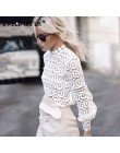 EVERAFTER elegancki biały koronkowy bluzka koszula rękaw damski poszerzany typu lantern sexy hollow out naszywane patchworkowe b