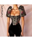 Kryptograficzny kwadratowy kołnierz żakardowy bez kości gorset Crop Tops koszula Puff rękaw Sexy Backless koszule bluzka kobiety