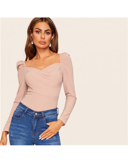 SHEIN Sexy Zip Back bufiaste rękawy blisko dopasowane Wrap Sweetheart Neck bluzka kobiety solidna góra wiosna klub główna ulica 