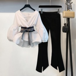 Bluzka z rękawami kloszowymi damska 2020 moda w stylu koreańskim letnia kokarda dekolt w paski koszula eleganckie bluzki damskie
