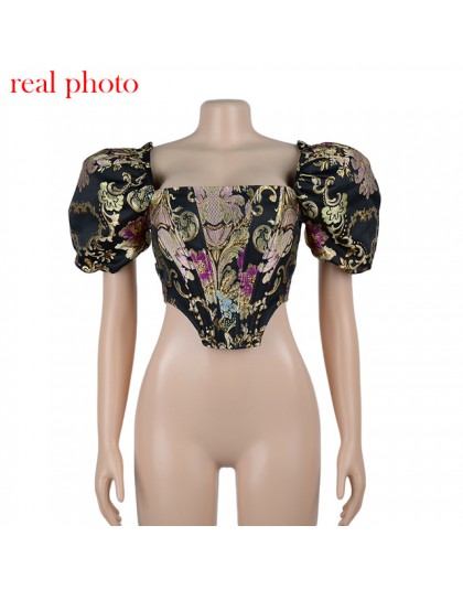 Kryptograficzny kwadratowy kołnierz żakardowy bez kości gorset Crop Tops koszula Puff rękaw Sexy Backless koszule bluzka kobiety