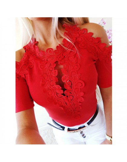 Kobiety koronkowa bluzka moda z krótkim rękawem bluzki Top swobodne, z odkrytymi ramionami bluzka bluzki damskie bluzki i topy n