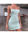 Articat Spaghetti Strap Mini satynowa sukienka kobiety Sexy Backless krzyżowe wiązanie Bodycon Party Dress plisowane rozciągliwe