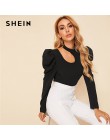 SHEIN czarna porządna stójka z wycięciem elegancka bluzka damska Top 2019 jesienna nogawkowa guzik na rękawie z tyłu dopasowana 