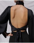 Leopard Turtleneck satynowa jedwabna bluzka damska Sexy Hollow Out bluzka z wyciętymi plecami bluzka elegancka jesień z długim r