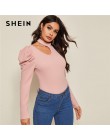 SHEIN czarna porządna stójka z wycięciem elegancka bluzka damska Top 2019 jesienna nogawkowa guzik na rękawie z tyłu dopasowana 