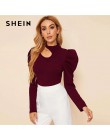 SHEIN czarna porządna stójka z wycięciem elegancka bluzka damska Top 2019 jesienna nogawkowa guzik na rękawie z tyłu dopasowana 
