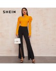 SHEIN czarna porządna stójka z wycięciem elegancka bluzka damska Top 2019 jesienna nogawkowa guzik na rękawie z tyłu dopasowana 