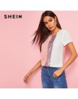 SHEIN cekiny kontrastowy Panel łączone cięcie i szycie Top damskie topy i bluzki 2019 Casual Colorblock z krótkim rękawem letnie