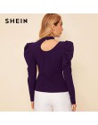 SHEIN czarna porządna stójka z wycięciem elegancka bluzka damska Top 2019 jesienna nogawkowa guzik na rękawie z tyłu dopasowana 