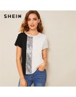 SHEIN cekiny kontrastowy Panel łączone cięcie i szycie Top damskie topy i bluzki 2019 Casual Colorblock z krótkim rękawem letnie