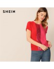 SHEIN cekiny kontrastowy Panel łączone cięcie i szycie Top damskie topy i bluzki 2019 Casual Colorblock z krótkim rękawem letnie