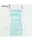 Articat Spaghetti Strap Mini satynowa sukienka kobiety Sexy Backless krzyżowe wiązanie Bodycon Party Dress plisowane rozciągliwe