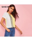 SHEIN cekiny kontrastowy Panel łączone cięcie i szycie Top damskie topy i bluzki 2019 Casual Colorblock z krótkim rękawem letnie
