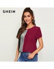 SHEIN cekiny kontrastowy Panel łączone cięcie i szycie Top damskie topy i bluzki 2019 Casual Colorblock z krótkim rękawem letnie
