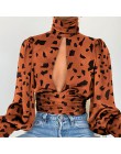 Leopard Turtleneck satynowa jedwabna bluzka damska Sexy Hollow Out bluzka z wyciętymi plecami bluzka elegancka jesień z długim r