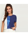 SHEIN cekiny kontrastowy Panel łączone cięcie i szycie Top damskie topy i bluzki 2019 Casual Colorblock z krótkim rękawem letnie