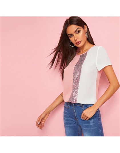 SHEIN cekiny kontrastowy Panel łączone cięcie i szycie Top damskie topy i bluzki 2019 Casual Colorblock z krótkim rękawem letnie