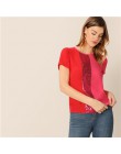 SHEIN cekiny kontrastowy Panel łączone cięcie i szycie Top damskie topy i bluzki 2019 Casual Colorblock z krótkim rękawem letnie