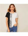 SHEIN cekiny kontrastowy Panel łączone cięcie i szycie Top damskie topy i bluzki 2019 Casual Colorblock z krótkim rękawem letnie
