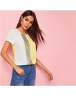 SHEIN cekiny kontrastowy Panel łączone cięcie i szycie Top damskie topy i bluzki 2019 Casual Colorblock z krótkim rękawem letnie