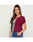 SHEIN cekiny kontrastowy Panel łączone cięcie i szycie Top damskie topy i bluzki 2019 Casual Colorblock z krótkim rękawem letnie