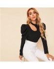 SHEIN czarna porządna stójka z wycięciem elegancka bluzka damska Top 2019 jesienna nogawkowa guzik na rękawie z tyłu dopasowana 