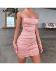 Articat Spaghetti Strap Mini satynowa sukienka kobiety Sexy Backless krzyżowe wiązanie Bodycon Party Dress plisowane rozciągliwe