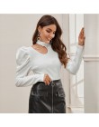 SHEIN czarna porządna stójka z wycięciem elegancka bluzka damska Top 2019 jesienna nogawkowa guzik na rękawie z tyłu dopasowana 