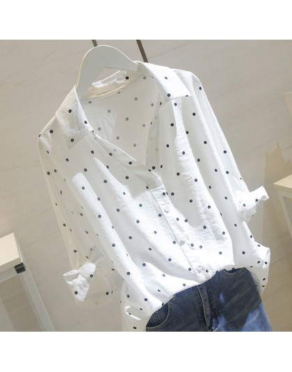 Plus rozmiar biała lniana bluzka koszula moda kobiety popy i bluzki 2019 jesień koszula damska polka dot OL kobiety blusas 5XL