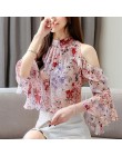 Bluzka damska 2019 bluzki damskie z kwiatowym wzorem z szyfonu bluzka dla kobiet topy Ruffles stojak rękaw motylek blusas Hollow