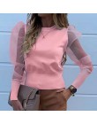 Siatkowe damskie bluzki koronkowe bufiaste rękawy moda elegancka koszula 2020 letnia wiosna kobiet solidna perła zroszony topy d