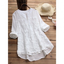 Haft damska biała bluzka Casual bluzka w rozmiarze Plus Size elegancka dekolt w serek tunika na długi rękaw lato jesień kwiatowy