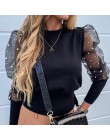 Siatkowe damskie bluzki koronkowe bufiaste rękawy moda elegancka koszula 2020 letnia wiosna kobiet solidna perła zroszony topy d