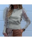 Siatkowe damskie bluzki koronkowe bufiaste rękawy moda elegancka koszula 2020 letnia wiosna kobiet solidna perła zroszony topy d