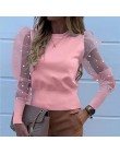 Siatkowe damskie bluzki koronkowe bufiaste rękawy moda elegancka koszula 2020 letnia wiosna kobiet solidna perła zroszony topy d