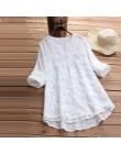 Haft damska biała bluzka Casual bluzka w rozmiarze Plus Size elegancka dekolt w serek tunika na długi rękaw lato jesień kwiatowy