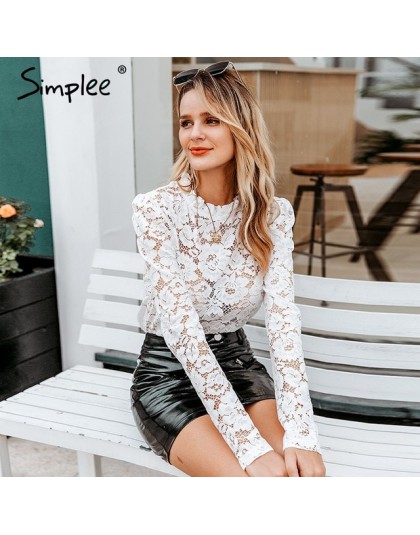 Simplee eleganckie damskie białe koronkowe bluzki seksowne przepuszczalne damskie koszule do biura eleganckie bufiaste rękawy wy