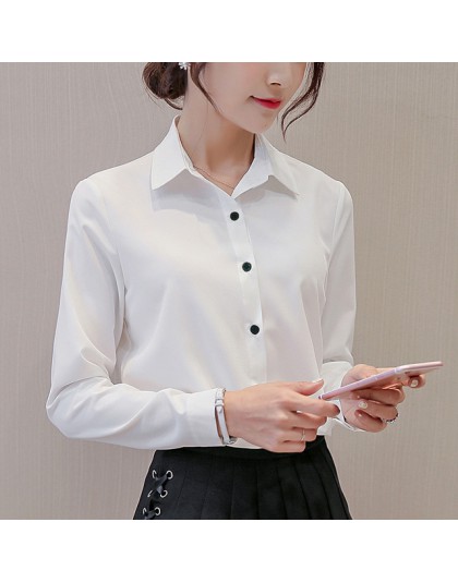 Kobiety biurowe koszule damskie topy moda wiosna z długim rękawem Slim biała szyfonowa bluzka koszula Femme Blusa Feminina niebi