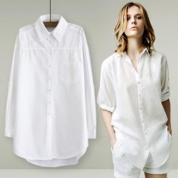 Elegancka, długa bluzka biała koszula damska damska biuro 100% bawełniane koszule Casual bawełniana bluzka moda Blusas Femininas