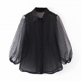 Aachoae Dot hafty kobiety Organza bluzka 2020 Lantren rękaw czarny przepuszczalność elegancki top Casual skręcić w dół kołnierz 