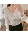 Vintage dekolt w serek Flare rękaw Polka Dot kobiety bluzka koszule eleganckie guziki z przodu wąska talia Ruffles bluzka damska