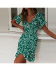 Damskie sukienki letnie 2020 Sexy V Neck kwiatowy Print Boho Beach Dress wzburzyć krótki rękaw linia Mini sukienka Wrap letnia s