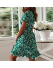 Damskie sukienki letnie 2020 Sexy V Neck kwiatowy Print Boho Beach Dress wzburzyć krótki rękaw linia Mini sukienka Wrap letnia s